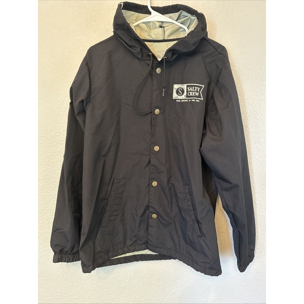 Salty Crew Lightweight Windbreaker Jacket Black Button Down Hooded Rain Medium